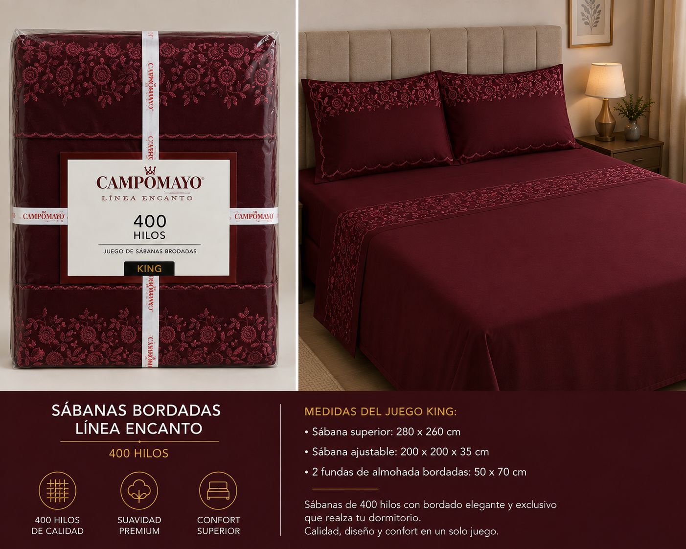 SABANAS BORDADAS CAMPOMAYO-LINEA ENCANTO 400H / KING - Imagen 4
