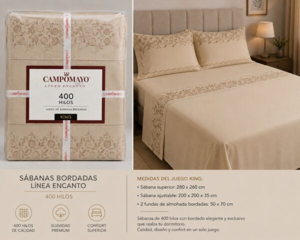 SABANAS BORDADAS CAMPOMAYO-LINEA ENCANTO 400H / KING - Imagen 3
