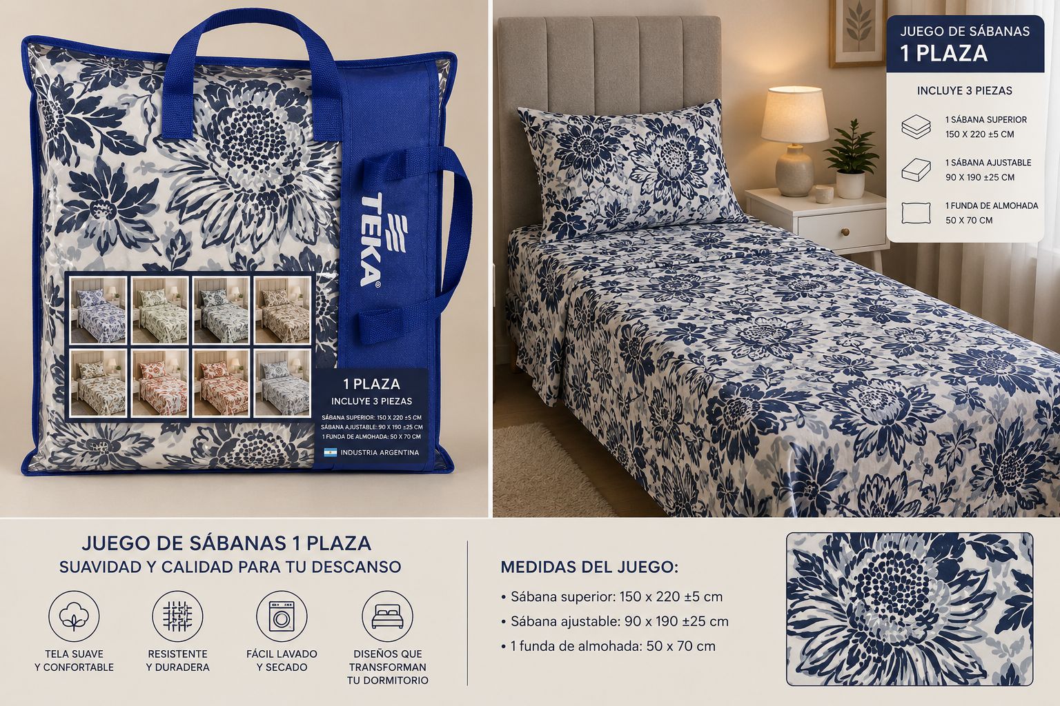 JUEGOS DE SABANAS TEKA 1 PLAZA Y MEDIA 300HILOS 100% ALGODON - Imagen 3
