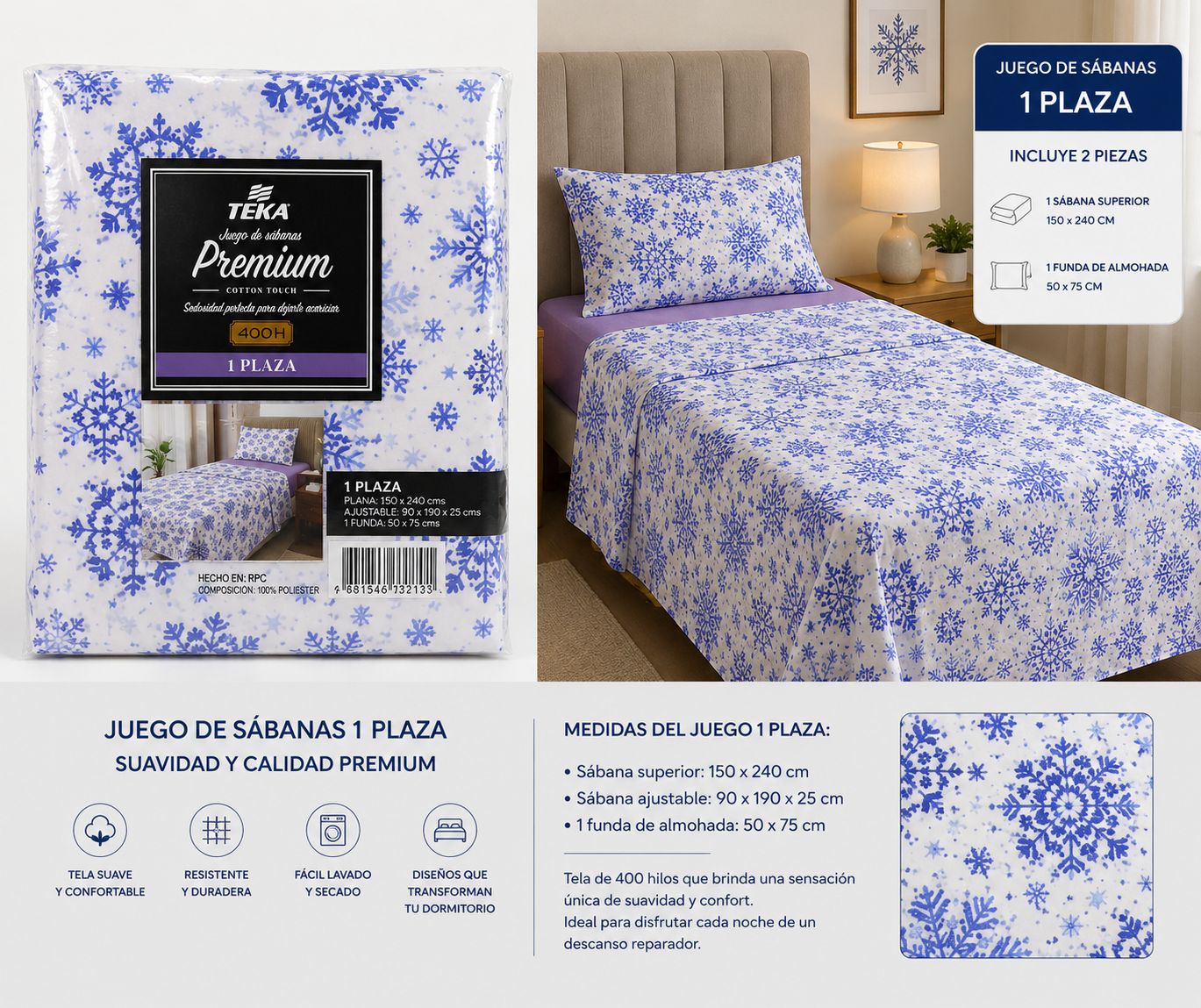 JUEGOS DE SABANAS PREMIUM TEKA 400 HILOS 1 PLAZA Y MEDIA - Imagen 3