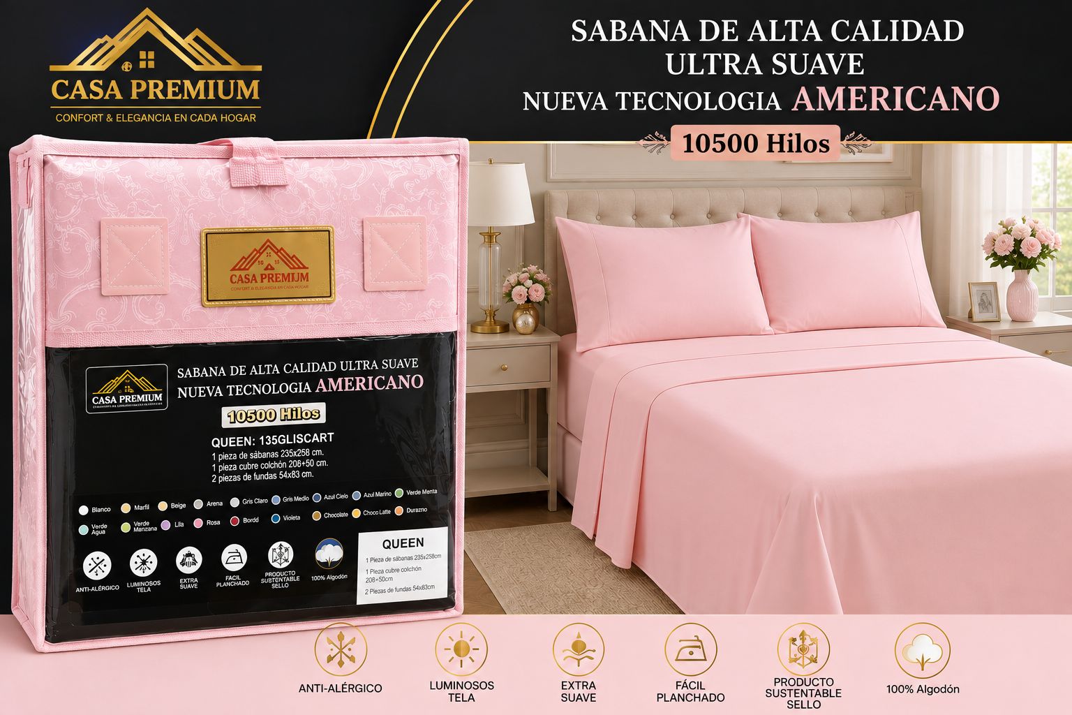 JUEGO DE SABANAS CASA PREMIUM 10500 HILOS QUEEN LISAS 100% ALGODON EGIPCIO - Imagen 10
