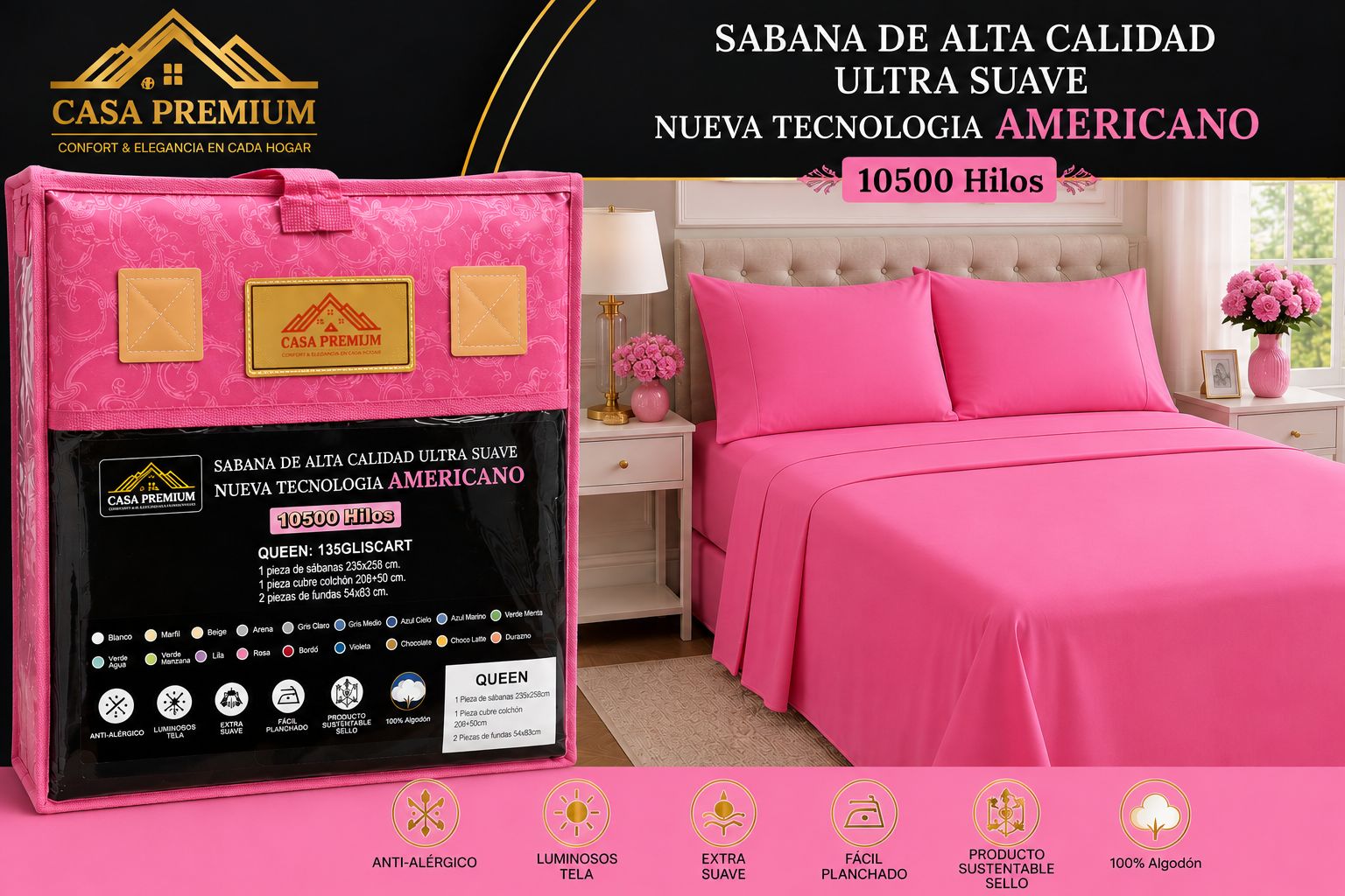 JUEGO DE SABANAS CASA PREMIUM 10500 HILOS QUEEN LISAS 100% ALGODON EGIPCIO - Imagen 9