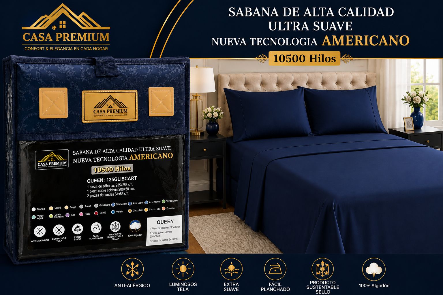 JUEGO DE SABANAS CASA PREMIUM 10500 HILOS QUEEN LISAS 100% ALGODON EGIPCIO - Imagen 8