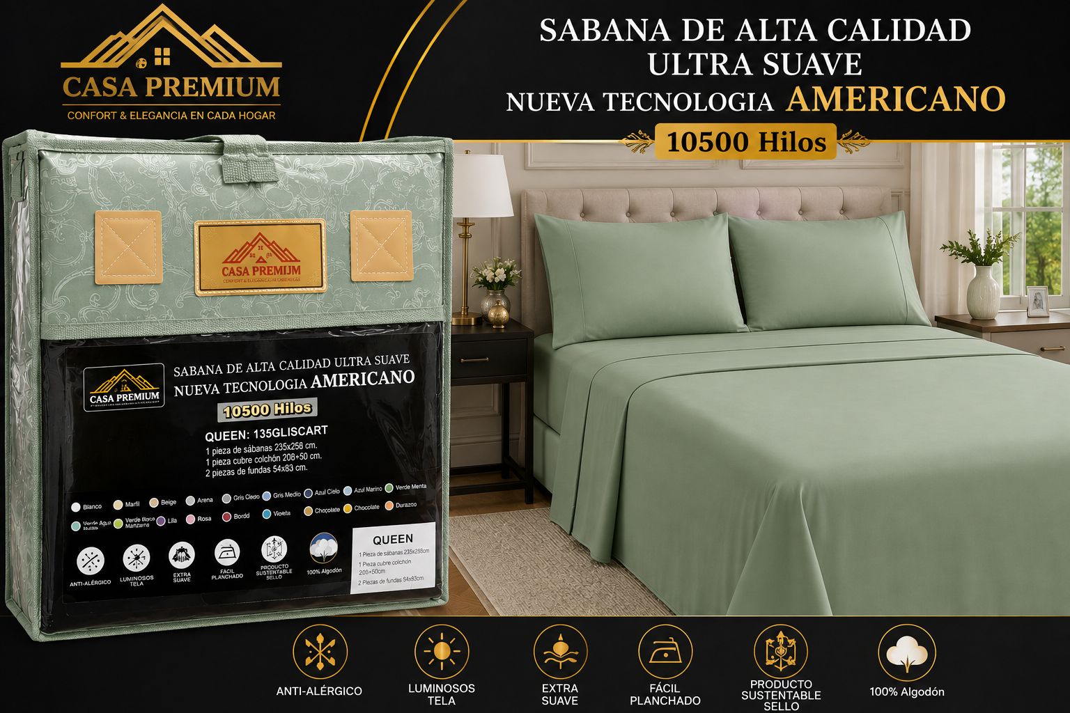 JUEGO DE SABANAS CASA PREMIUM 10500 HILOS QUEEN LISAS 100% ALGODON EGIPCIO - Imagen 2