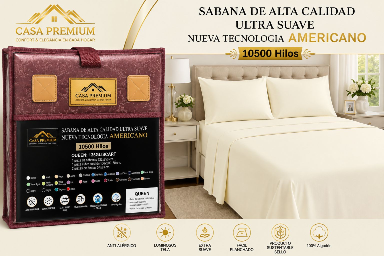 JUEGO DE SABANAS CASA PREMIUM 10500 HILOS QUEEN LISAS 100% ALGODON EGIPCIO - Imagen 6