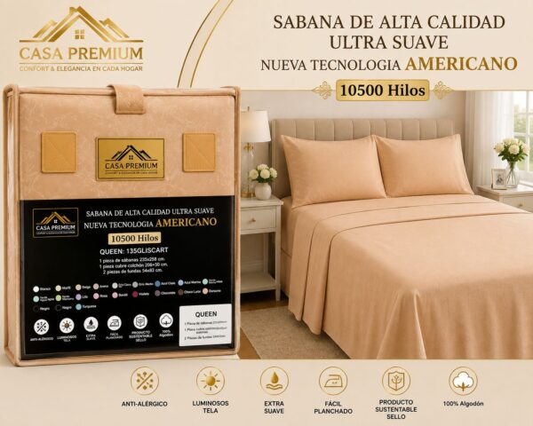JUEGO DE SABANAS CASA PREMIUM 10500 HILOS QUEEN LISAS 100% ALGODON EGIPCIO - Imagen 5