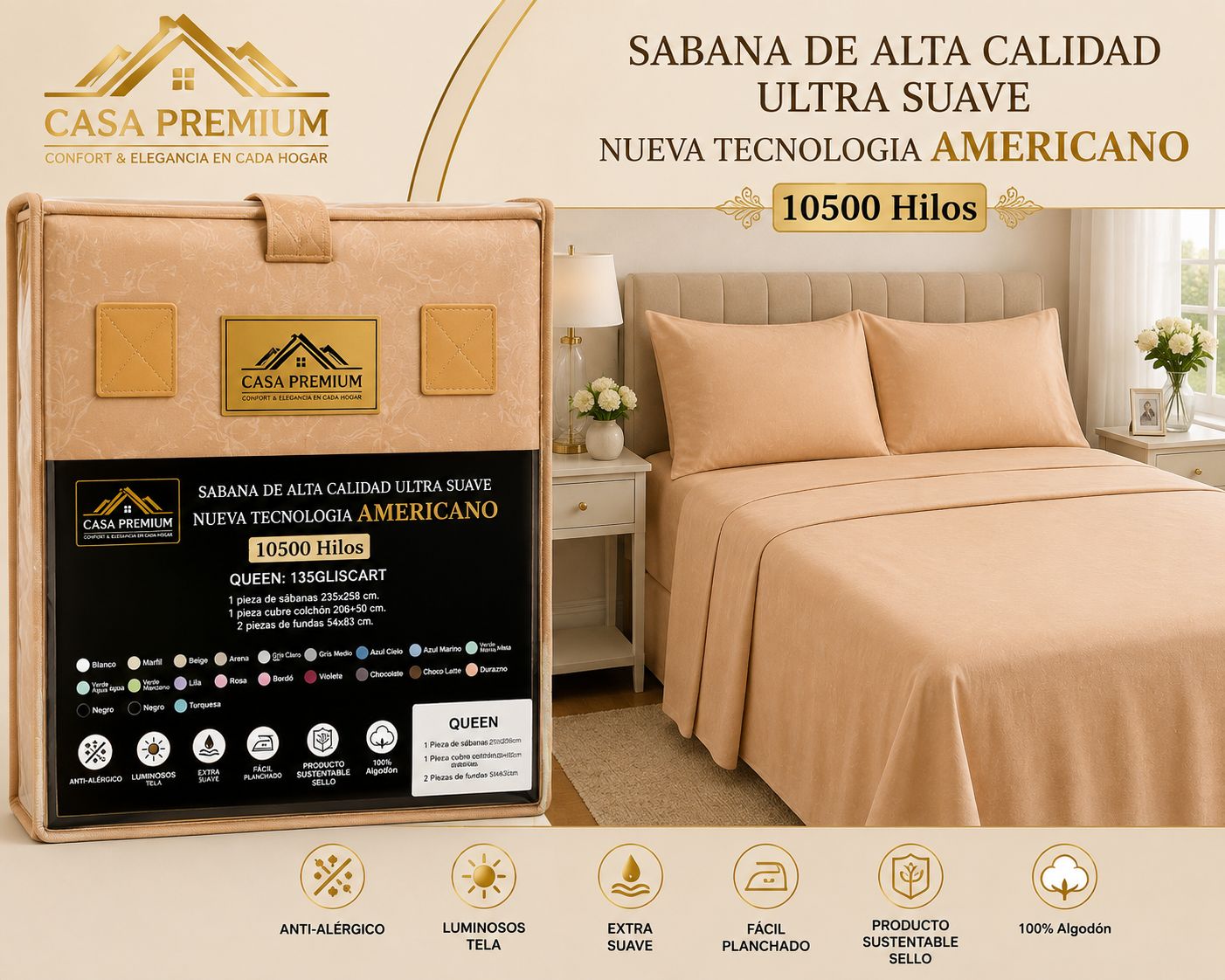 JUEGO DE SABANAS CASA PREMIUM 10500 HILOS QUEEN LISAS 100% ALGODON EGIPCIO - Imagen 5