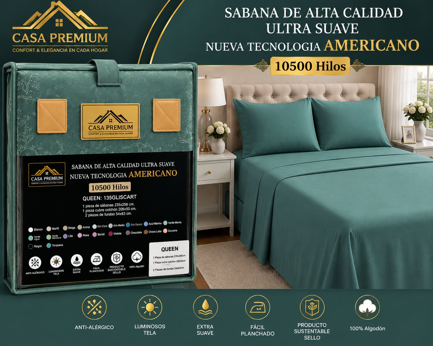 JUEGO DE SABANAS CASA PREMIUM 10500 HILOS QUEEN LISAS 100% ALGODON EGIPCIO - Imagen 4