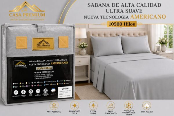 JUEGO DE SABANAS CASA PREMIUM 10500 HILOS QUEEN LISAS 100% ALGODON EGIPCIO - Imagen 7