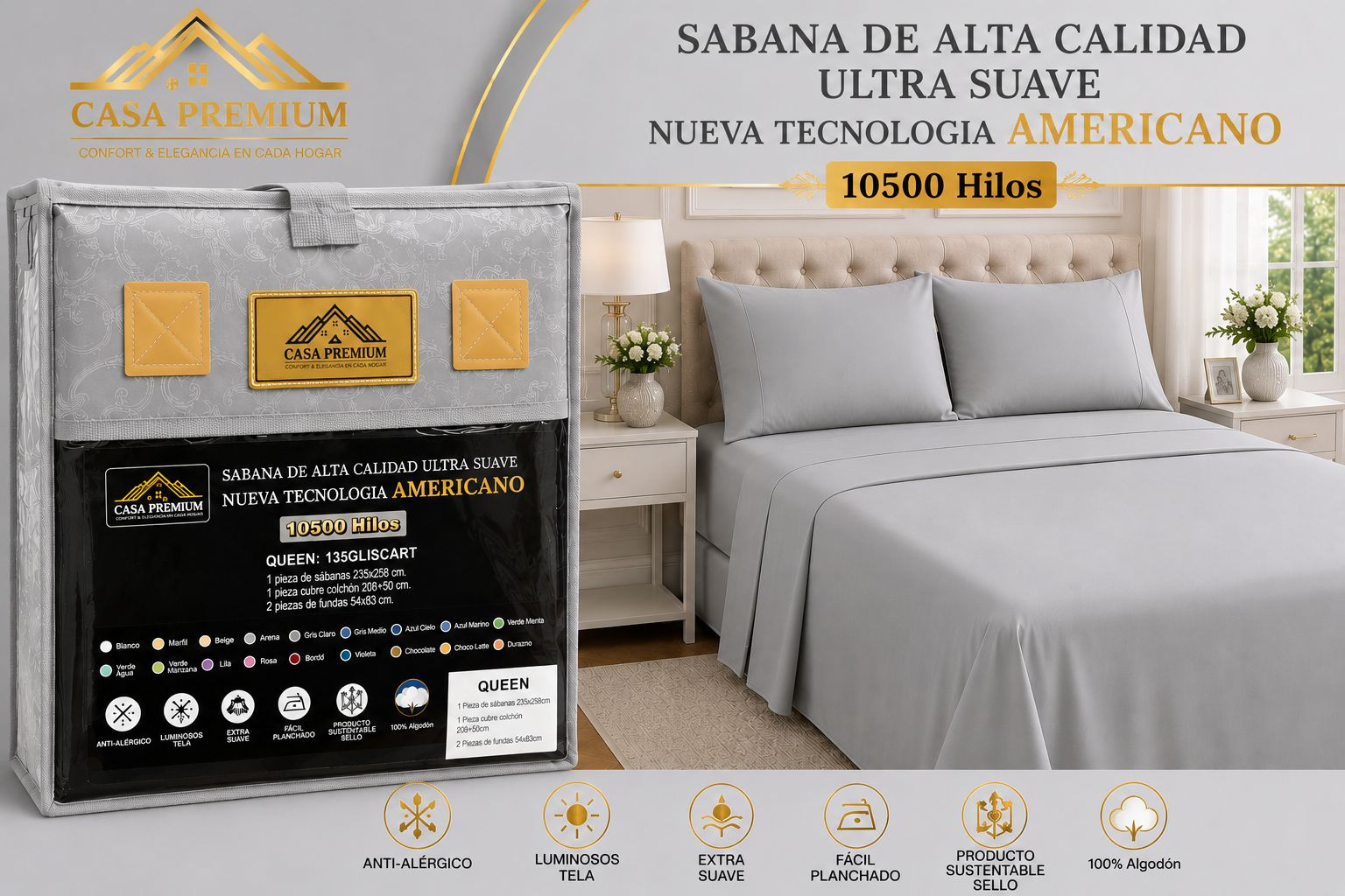 JUEGO DE SABANAS CASA PREMIUM 10500 HILOS QUEEN LISAS 100% ALGODON EGIPCIO - Imagen 7