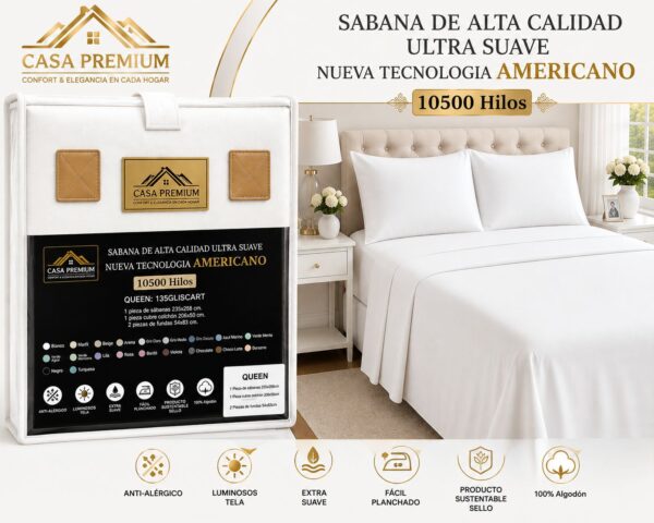 Alternative view of JUEGO DE SABANA CASA PREMIUM 10500 HILOS AMERICANO 2 PLAZAS Y MEDIA100% ALGODON EGIPCIO LISAS