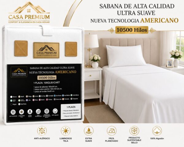 JUEGO DE SABANAS CASA PREMIUM LISA 1 PLAZA Y MEDIA 10500 HILOS 100% ALGODON EGIPCIO