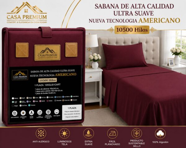 JUEGO DE SABANAS CASA PREMIUM LISA 1 PLAZA Y MEDIA 10500 HILOS 100% ALGODON EGIPCIO - Imagen 10