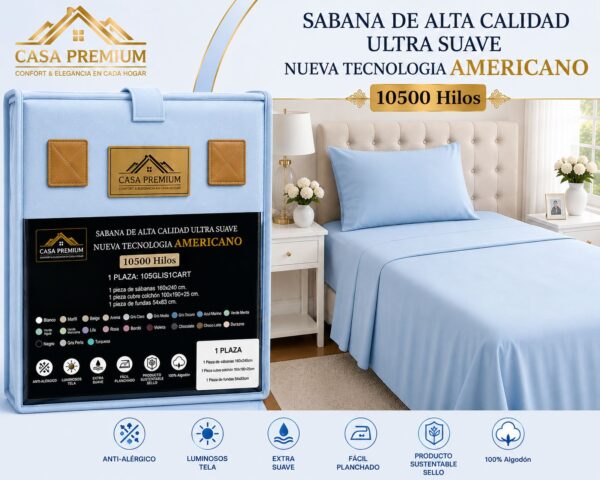 JUEGO DE SABANAS CASA PREMIUM LISA 1 PLAZA Y MEDIA 10500 HILOS 100% ALGODON EGIPCIO - Imagen 9