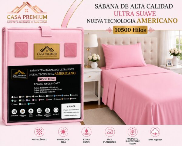 JUEGO DE SABANAS CASA PREMIUM LISA 1 PLAZA Y MEDIA 10500 HILOS 100% ALGODON EGIPCIO - Imagen 8
