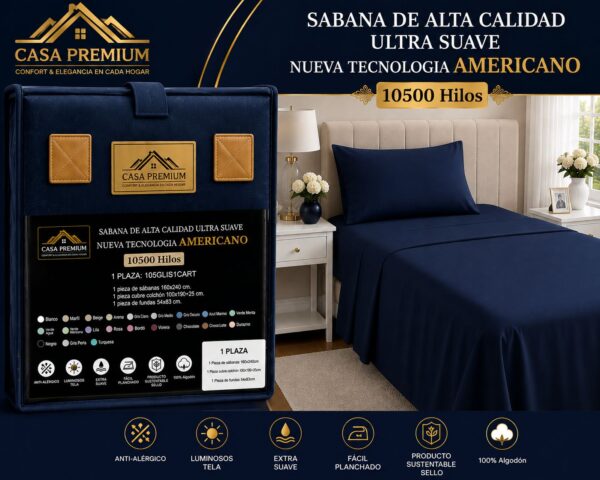 JUEGO DE SABANAS CASA PREMIUM LISA 1 PLAZA Y MEDIA 10500 HILOS 100% ALGODON EGIPCIO - Imagen 11