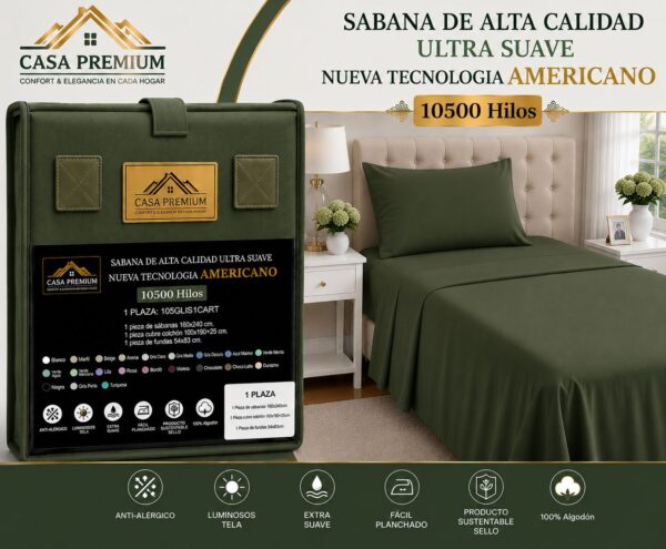 JUEGO DE SABANAS CASA PREMIUM LISA 1 PLAZA Y MEDIA 10500 HILOS 100% ALGODON EGIPCIO - Imagen 5