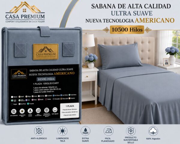 JUEGO DE SABANAS CASA PREMIUM LISA 1 PLAZA Y MEDIA 10500 HILOS 100% ALGODON EGIPCIO - Imagen 4