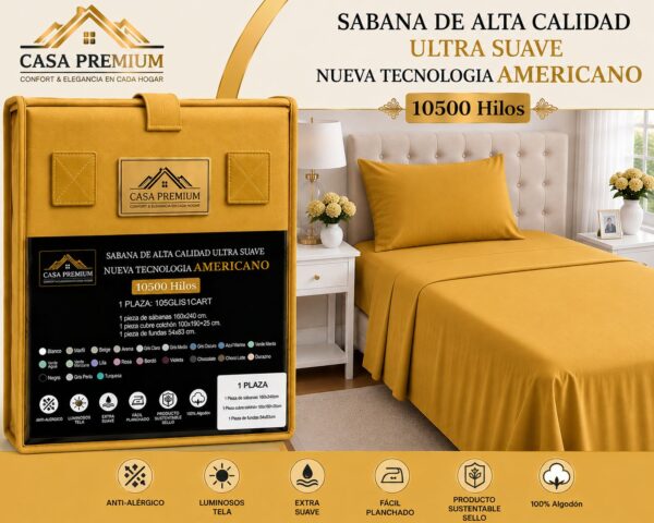 JUEGO DE SABANAS CASA PREMIUM LISA 1 PLAZA Y MEDIA 10500 HILOS 100% ALGODON EGIPCIO - Imagen 3