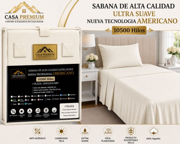 Alternative view of JUEGO DE SABANAS CASA PREMIUM LISA 1 PLAZA Y MEDIA 10500 HILOS 100% ALGODON EGIPCIO