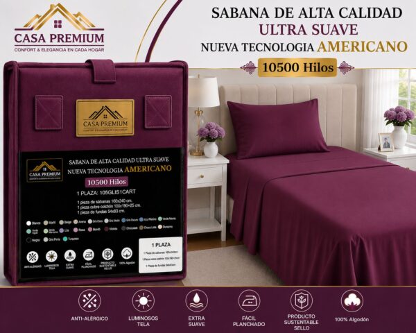 JUEGO DE SABANAS CASA PREMIUM LISA 1 PLAZA Y MEDIA 10500 HILOS 100% ALGODON EGIPCIO - Imagen 6