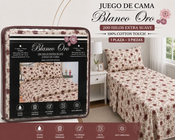 JUEGO DE SABANAS BLANCO ORO 200 HILOS EXTRA SUAVE 1 PLAZA Y MEDIA 100% ALGODON - Imagen 10