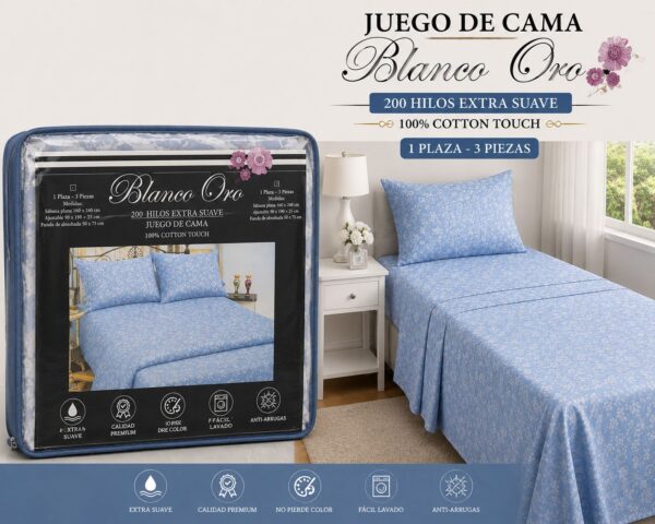 JUEGO DE SABANAS BLANCO ORO 200 HILOS EXTRA SUAVE 1 PLAZA Y MEDIA 100% ALGODON