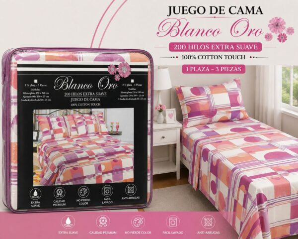 JUEGO DE SABANAS BLANCO ORO 200 HILOS EXTRA SUAVE 1 PLAZA Y MEDIA 100% ALGODON - Imagen 8