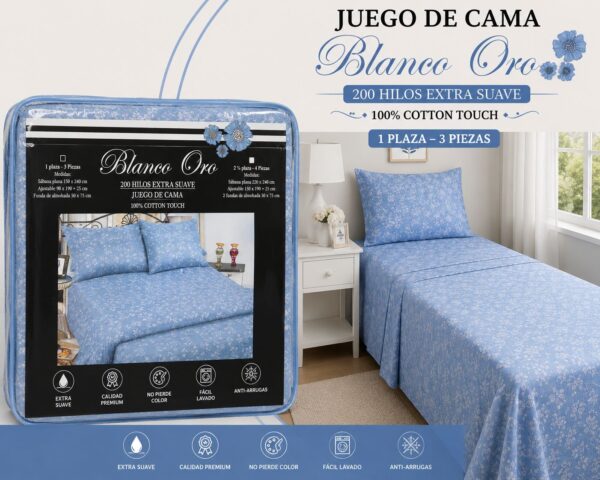 JUEGO DE SABANAS BLANCO ORO 200 HILOS EXTRA SUAVE 1 PLAZA Y MEDIA 100% ALGODON - Imagen 7