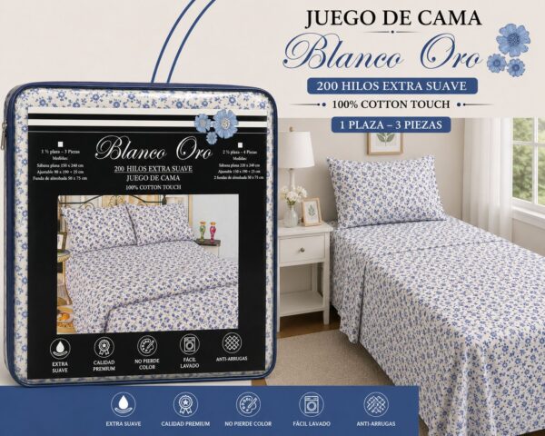 JUEGO DE SABANAS BLANCO ORO 200 HILOS EXTRA SUAVE 1 PLAZA Y MEDIA 100% ALGODON - Imagen 6