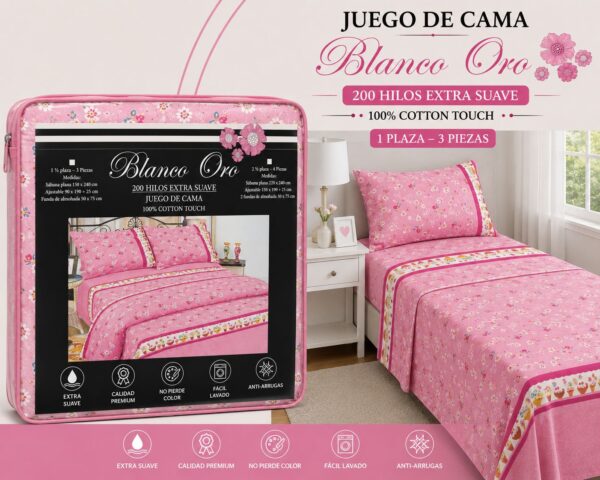 JUEGO DE SABANAS BLANCO ORO 200 HILOS EXTRA SUAVE 1 PLAZA Y MEDIA 100% ALGODON - Imagen 9