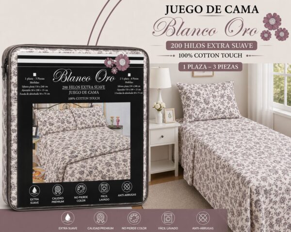 JUEGO DE SABANAS BLANCO ORO 200 HILOS EXTRA SUAVE 1 PLAZA Y MEDIA 100% ALGODON - Imagen 3
