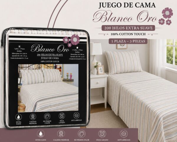 Alternative view of JUEGO DE SABANAS BLANCO ORO 200 HILOS EXTRA SUAVE 1 PLAZA Y MEDIA 100% ALGODON