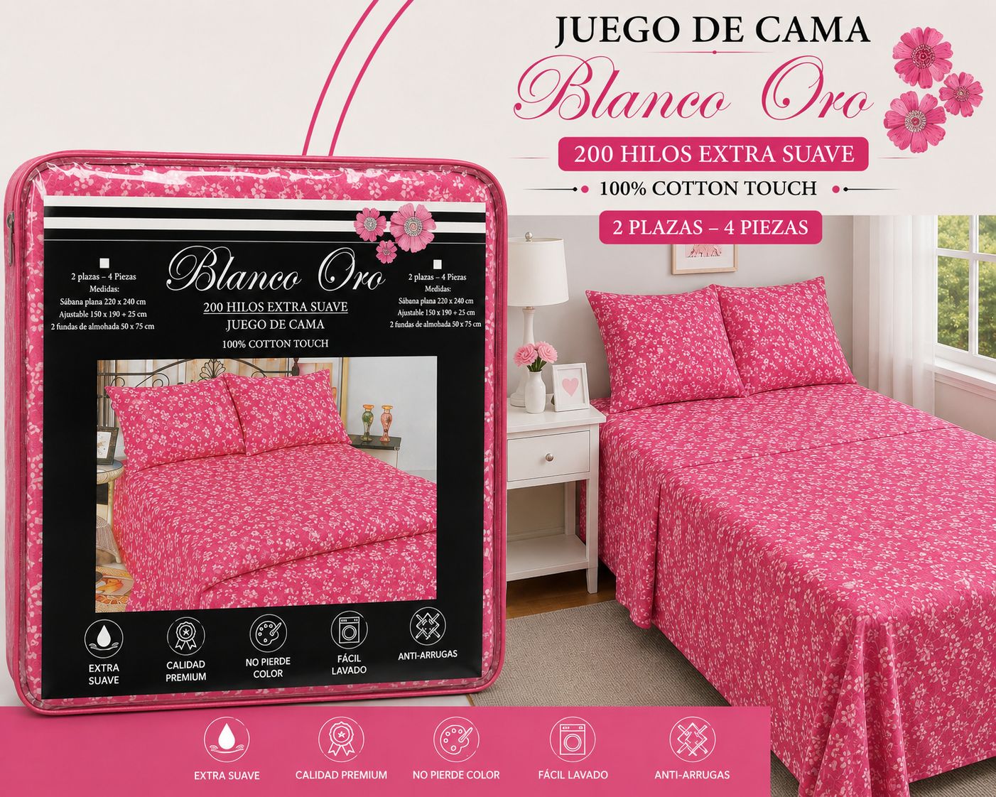 JUEGO DE SABANAS 2 PLAZAS Y MEDIA BLANCO ORO 200 HILOS EXTRA SUAVE 100% ALGODON - Imagen 8