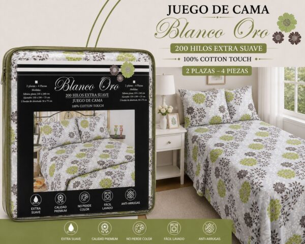 JUEGO DE SABANAS 2 PLAZAS Y MEDIA BLANCO ORO 200 HILOS EXTRA SUAVE 100% ALGODON