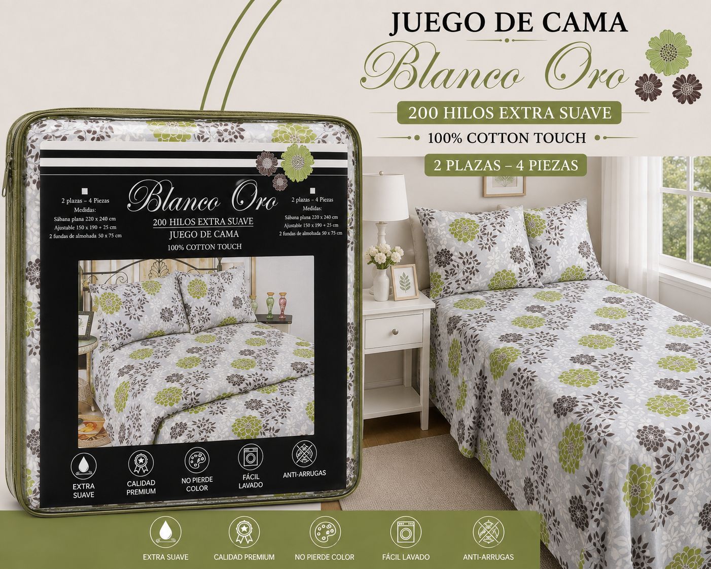 JUEGO DE SABANAS 2 PLAZAS Y MEDIA BLANCO ORO 200 HILOS EXTRA SUAVE 100% ALGODON