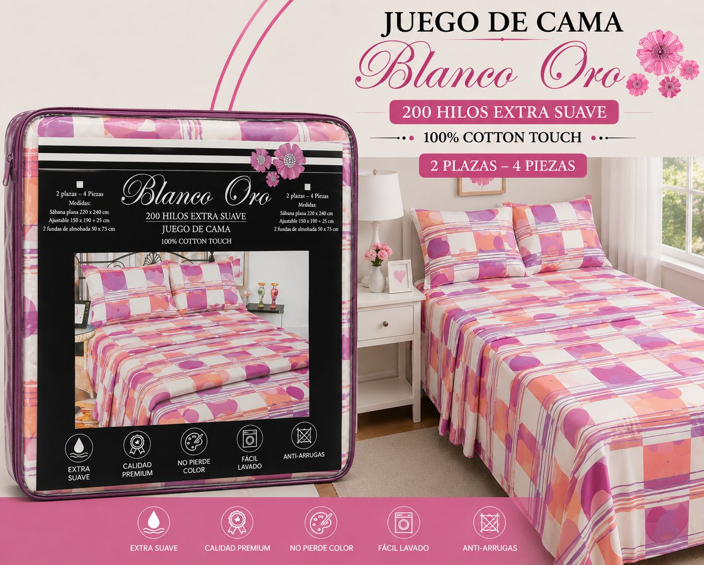 JUEGO DE SABANAS 2 PLAZAS Y MEDIA BLANCO ORO 200 HILOS EXTRA SUAVE 100% ALGODON - Imagen 6