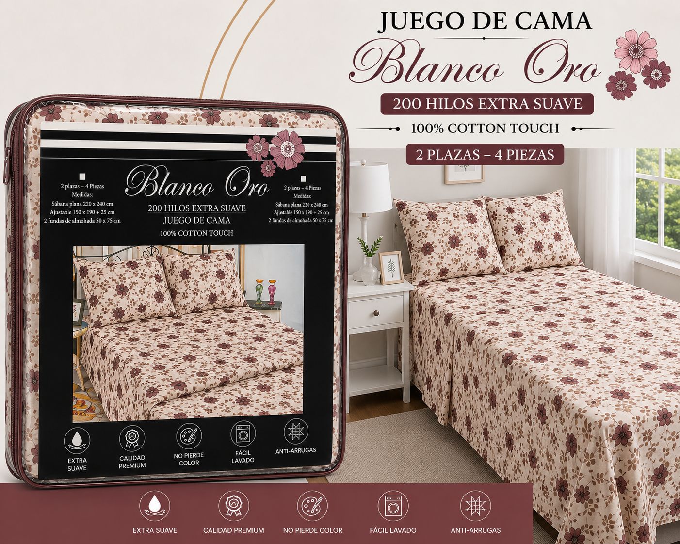 JUEGO DE SABANAS 2 PLAZAS Y MEDIA BLANCO ORO 200 HILOS EXTRA SUAVE 100% ALGODON - Imagen 4