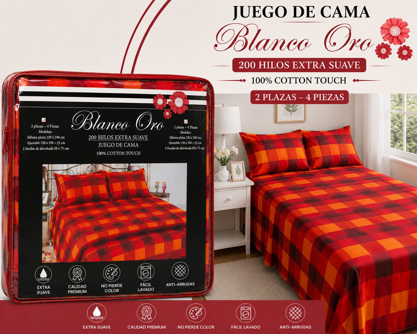 JUEGO DE SABANAS 2 PLAZAS Y MEDIA BLANCO ORO 200 HILOS EXTRA SUAVE 100% ALGODON - Imagen 3