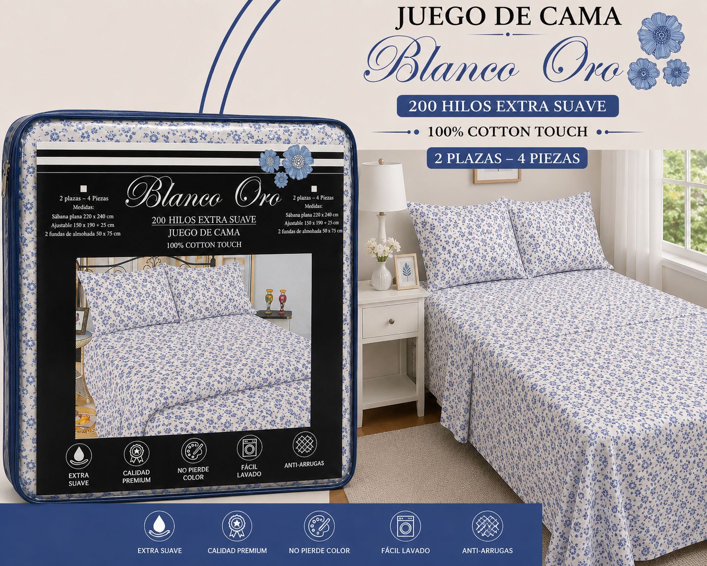 JUEGO DE SABANAS 2 PLAZAS Y MEDIA BLANCO ORO 200 HILOS EXTRA SUAVE 100% ALGODON - Imagen 7