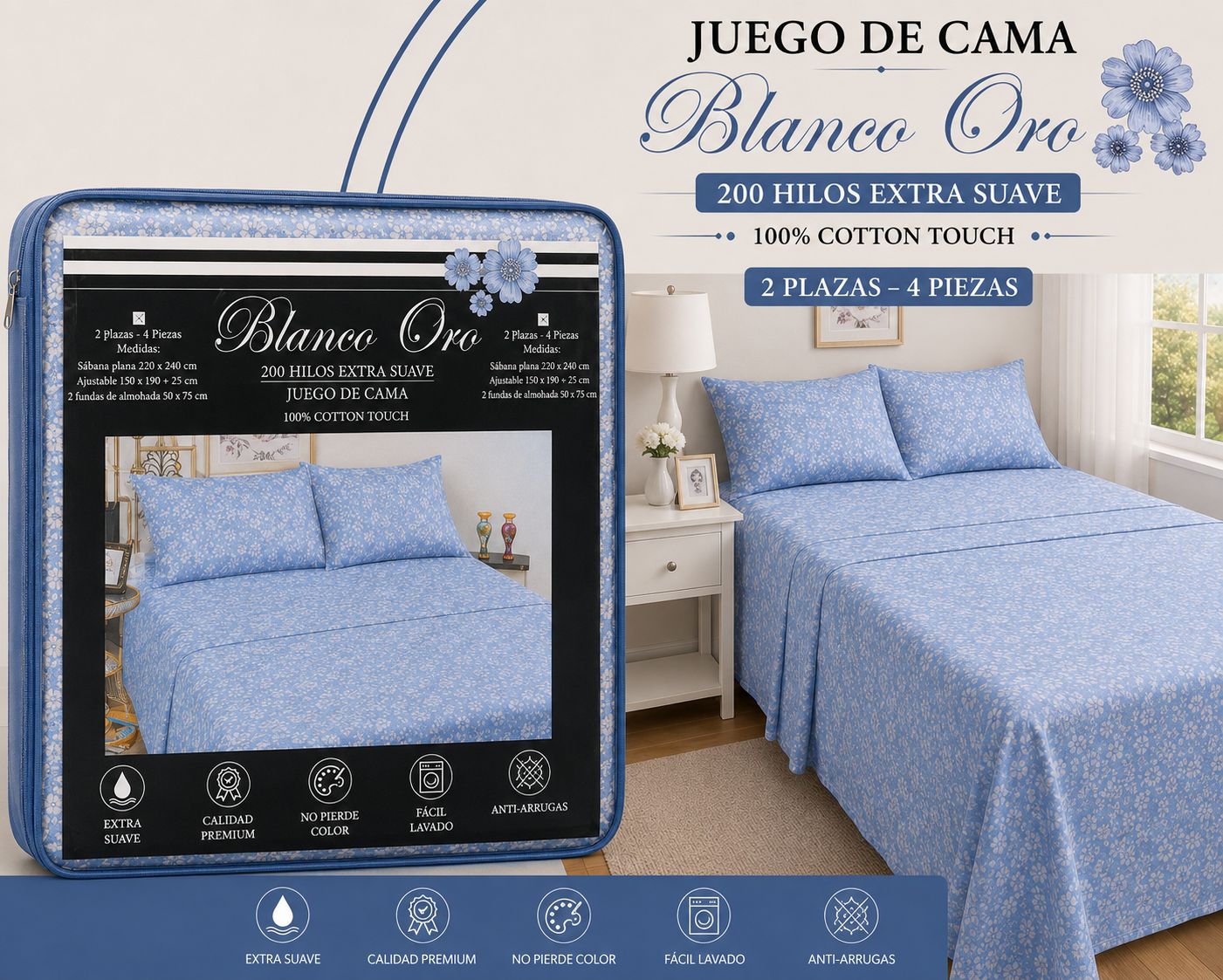 JUEGO DE SABANAS 2 PLAZAS Y MEDIA BLANCO ORO 200 HILOS EXTRA SUAVE 100% ALGODON - Imagen 2