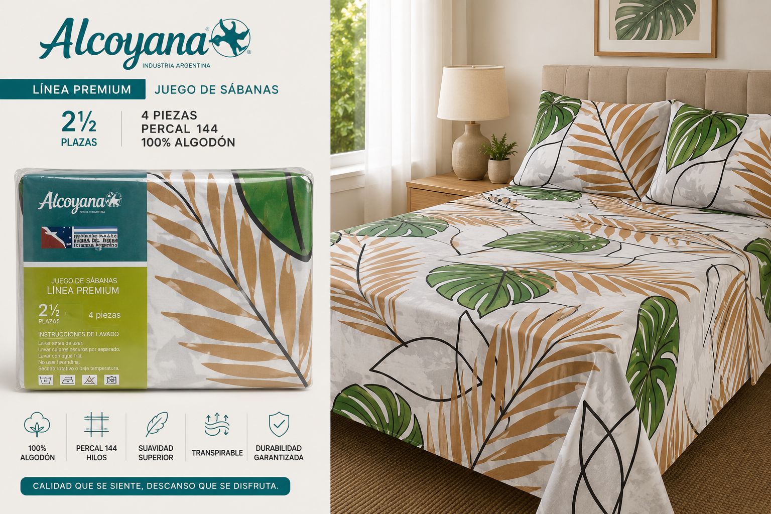 ALCOYANA 100% ALGODON 4 PIEZAS PREMIUM DE 2 PLAZAS Y MEDIA - Imagen 7