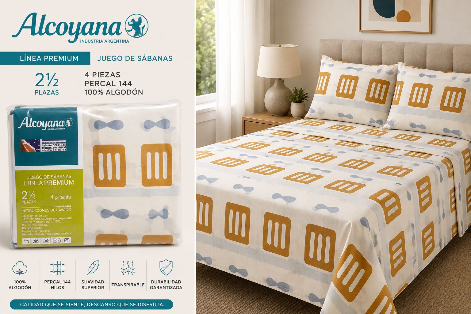 ALCOYANA 100% ALGODON 4 PIEZAS PREMIUM DE 2 PLAZAS Y MEDIA - Imagen 6