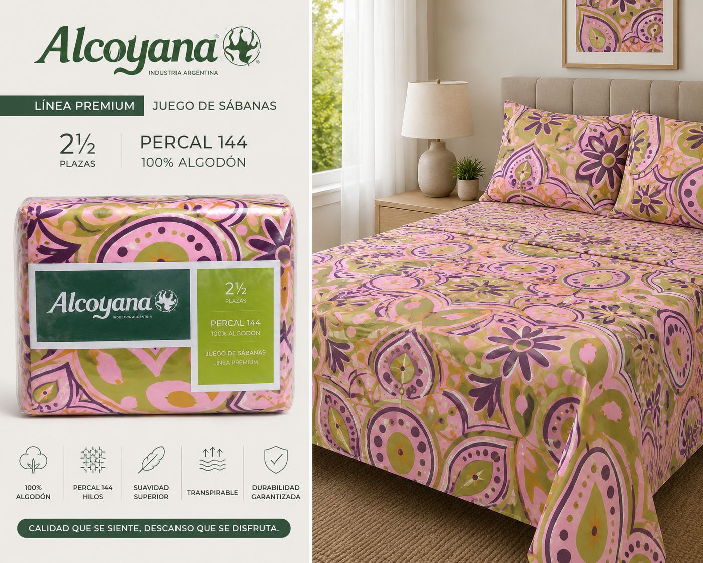 ALCOYANA 100% ALGODON 4 PIEZAS PREMIUM DE 2 PLAZAS Y MEDIA - Imagen 5