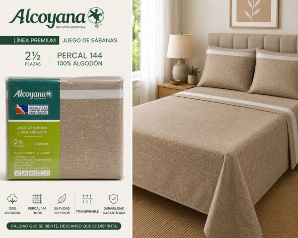 ALCOYANA 100% ALGODON 4 PIEZAS PREMIUM DE 2 PLAZAS Y MEDIA - Imagen 9