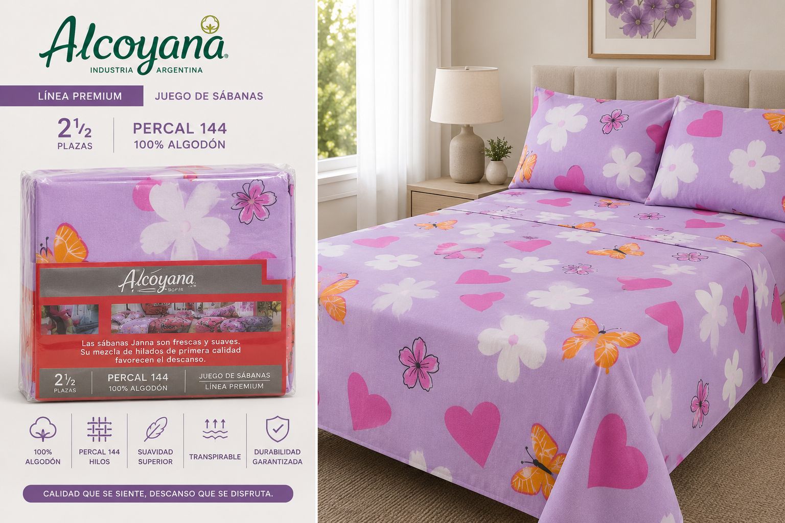 ALCOYANA 100% ALGODON 4 PIEZAS PREMIUM DE 2 PLAZAS Y MEDIA - Imagen 3