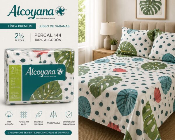 ALCOYANA 100% ALGODON 4 PIEZAS PREMIUM DE 2 PLAZAS Y MEDIA