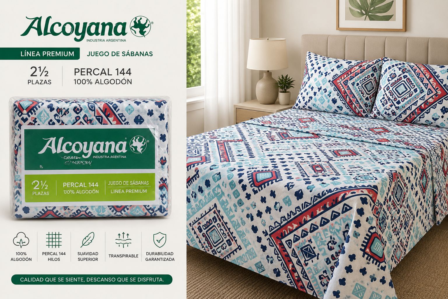 ALCOYANA 100% ALGODON 4 PIEZAS PREMIUM DE 2 PLAZAS Y MEDIA - Imagen 2