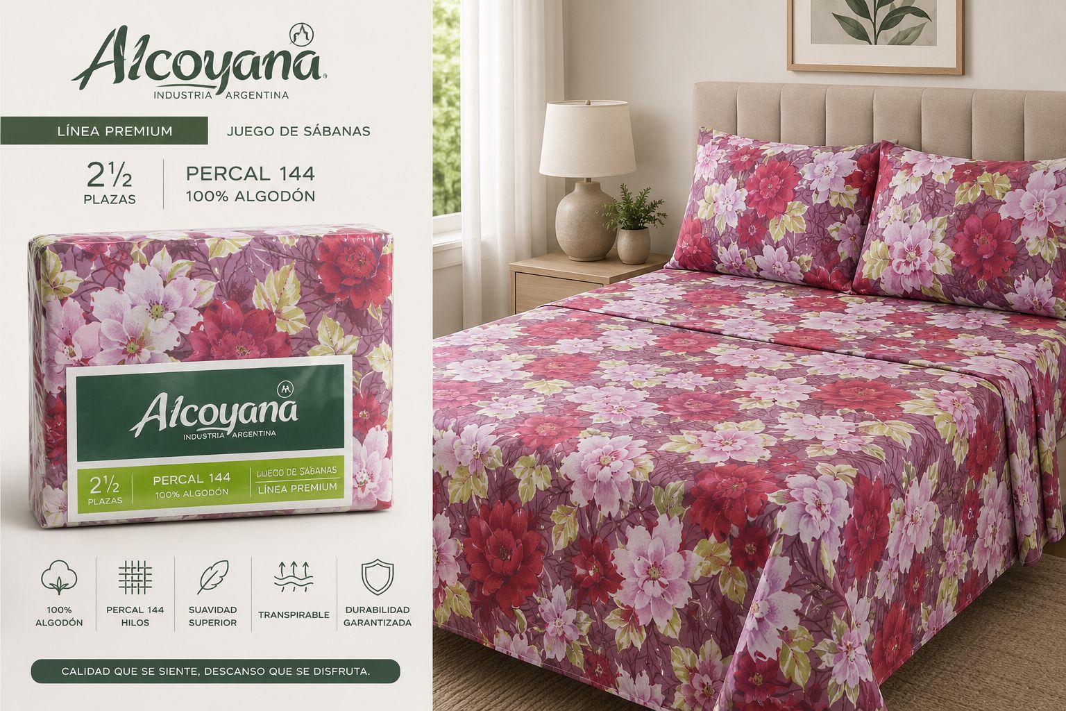 ALCOYANA 100% ALGODON 4 PIEZAS PREMIUM DE 2 PLAZAS Y MEDIA - Imagen 4