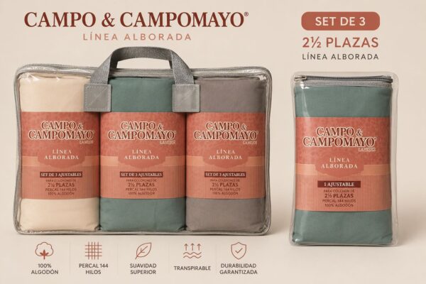 SABANAS AJUSTABLE PACK X3 CAMPOMAYO - 2 PLAZAS Y MEDIA - 800 HILOS